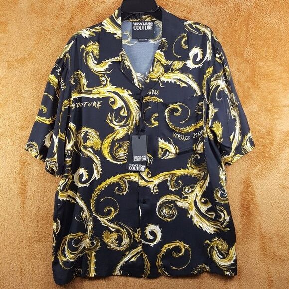 VERSACE COUTURE Shirt Mens Size 48 Black Gold Button Garland Baroque Logo $425 - Picture 2 of 10